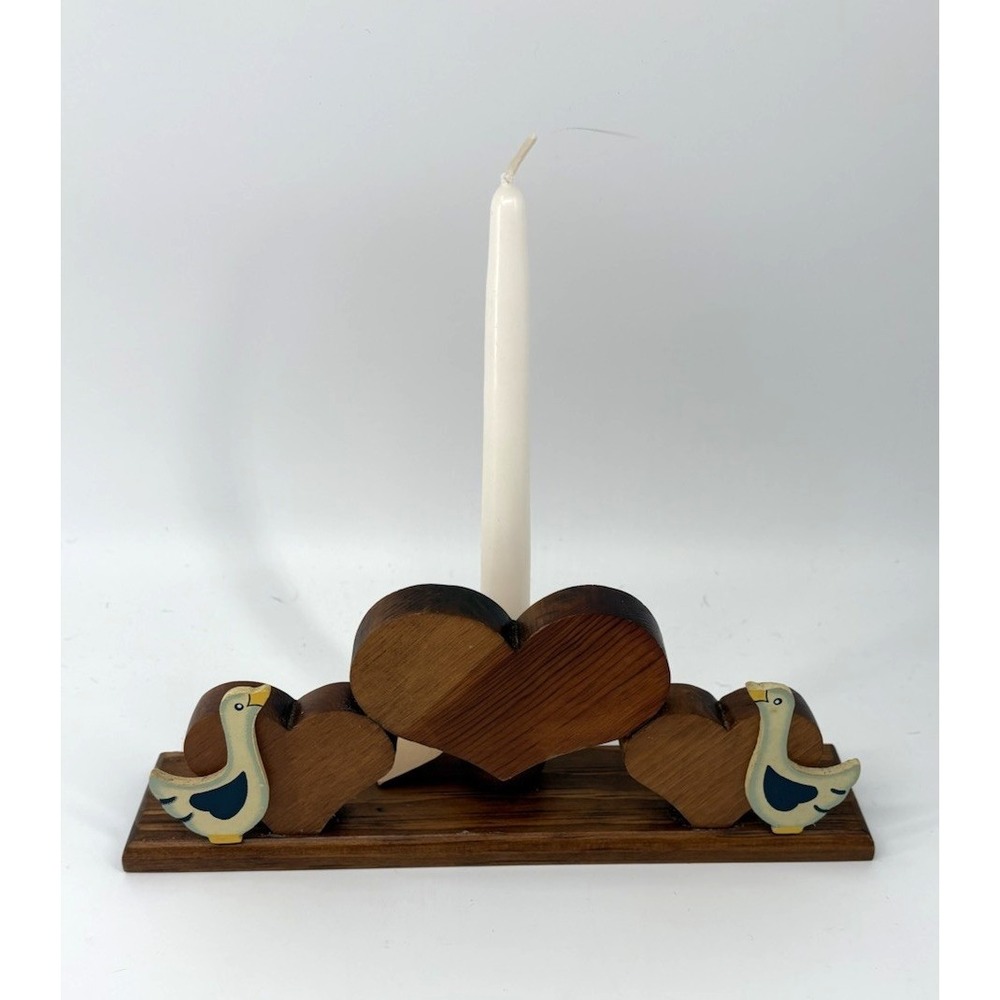 Vintage Cottagecore Geese Hearts Wood Candle Holder Pine Valley Phyllis Kay NWT